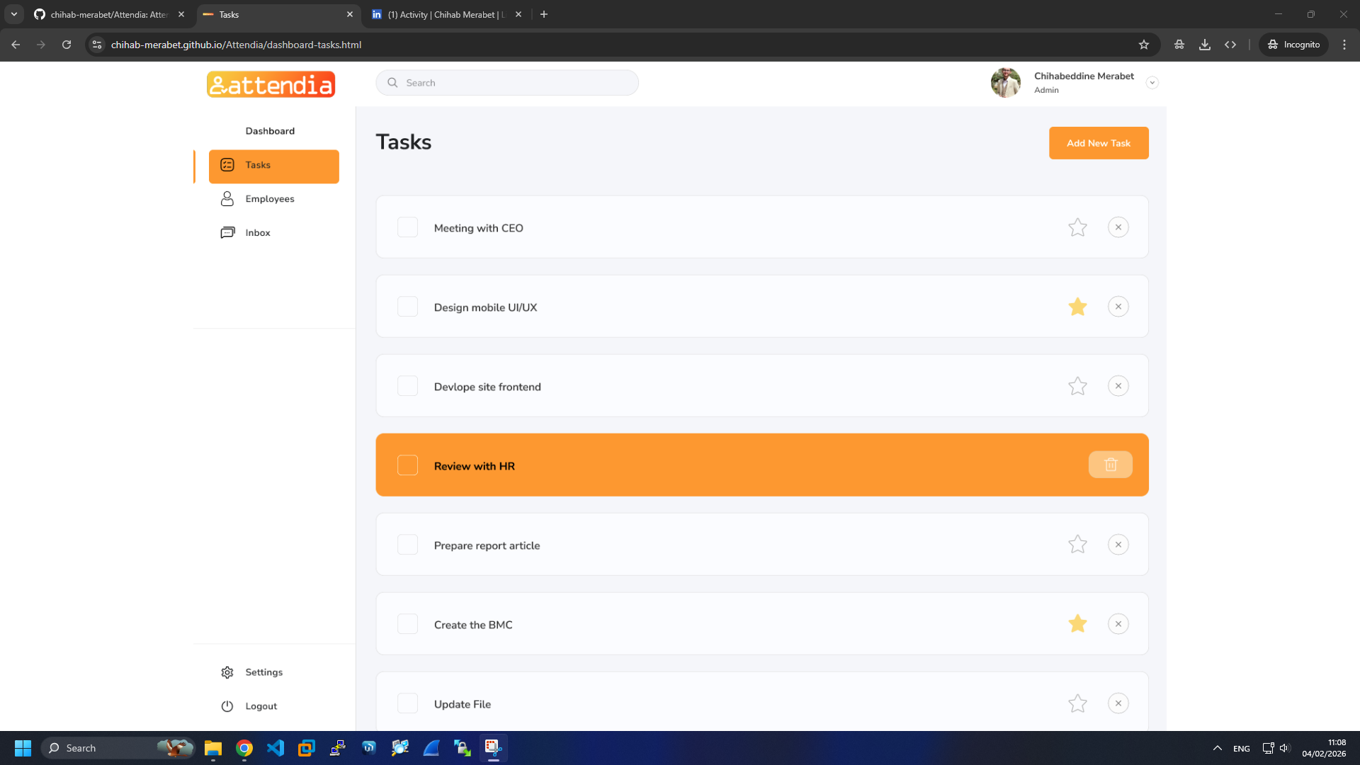 Attendia Tasks Page
