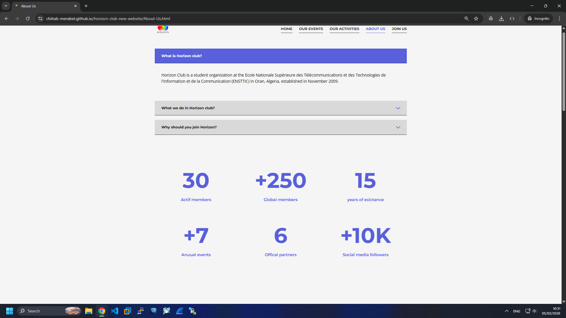 Horizon Club About Webpage