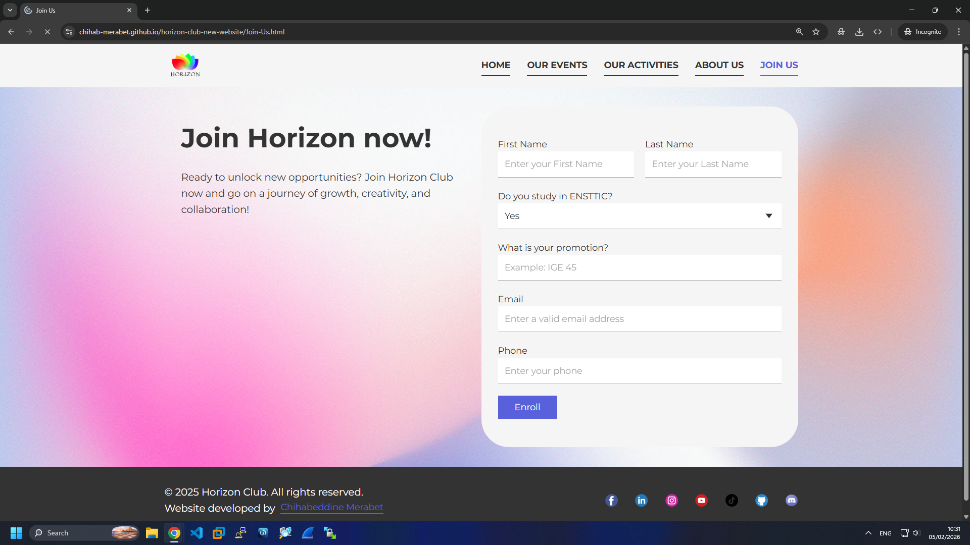Horizon Club Join Webpage